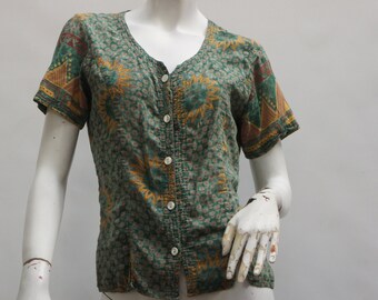 Vintage Indian Celestial Sun Print Blouse Top Shirt Boho Hippie