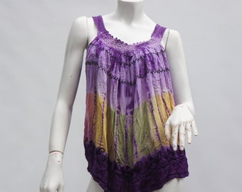 Vintage geborduurde Indiase tie-dye crinkle rayon tanktop tuniek Boho hippiefestival