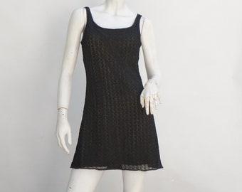 Vintage 90s-Y2k Knit Black Lace Mini Dress With Gold Lurex Goth