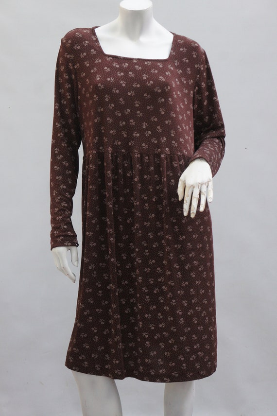 Vintage 90s Brown Floral Print Knit Dress Cottage… - image 2