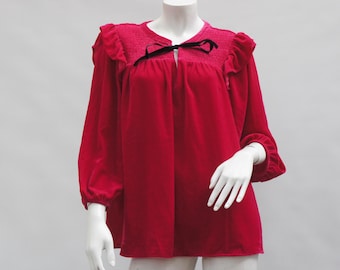 Vintage Hot Pink Velour Shirred Ruffle Tunic blouse top By Cato Boho Cottagecore