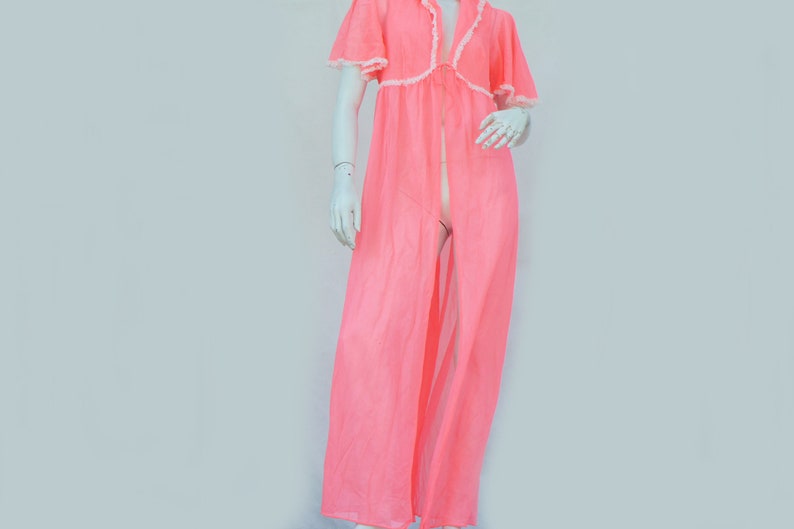 Vintage 60s Long Pink Lace Trim Robe Peignoir Lingerie Retro Mid Century image 1