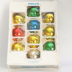 Vintage 70s Box of Holly Mercury Glass Balls Christmas Ornaments Retro Mid Century Cottagecore Farmhouse Decor