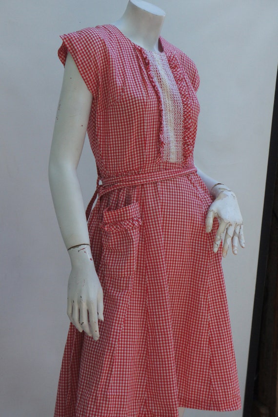 Vintage 40s-50s Gingham Pinafore Apron Dress Retr… - image 10