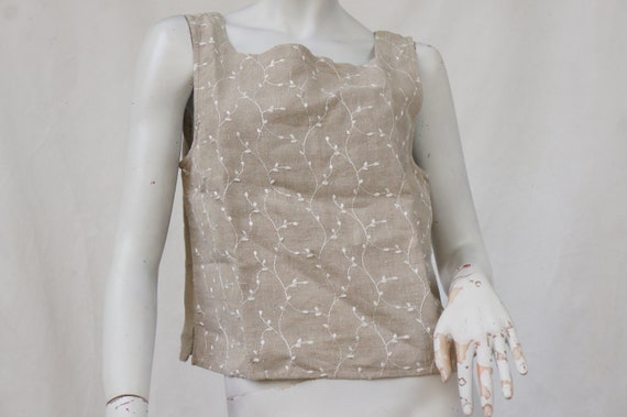 Vintage 90s Embroidered Cropped Linen Tank Top Ve… - image 1