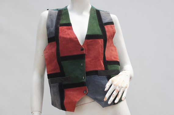 Vintage 80s Colorblock Suede Leather Vest By Nort… - image 1