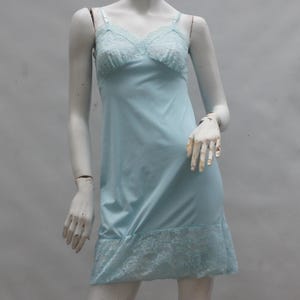 Vintage 50s-60s Lace Trim Baby Blue Nylon Slip Dress By Van Roalte Lingerie Nightgown Peignoir Negligee Cottagecore Grannycore MCM