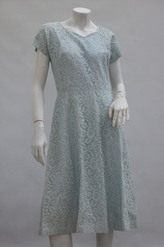 Vintage 50s Pale Blue Lace Midi Dress Mid Century… - image 10