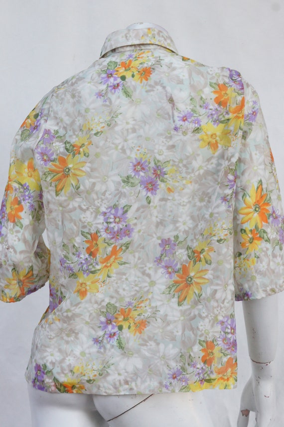 Vintage 70s Floral Sheer Blouse Button Down Shirt… - image 3