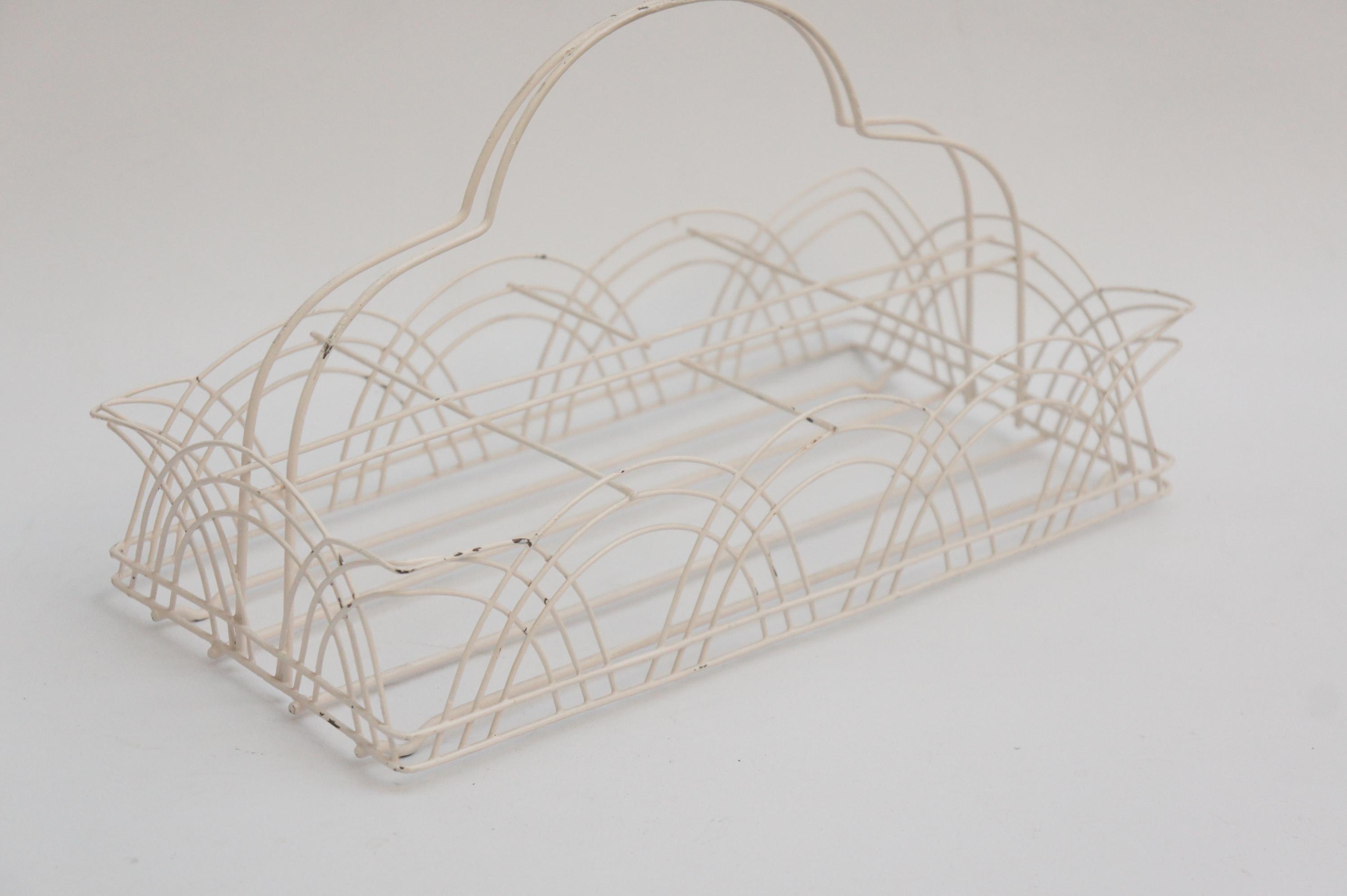 Vintage White Metal Wire Basket Glass Caddy Cup Holder Carrier