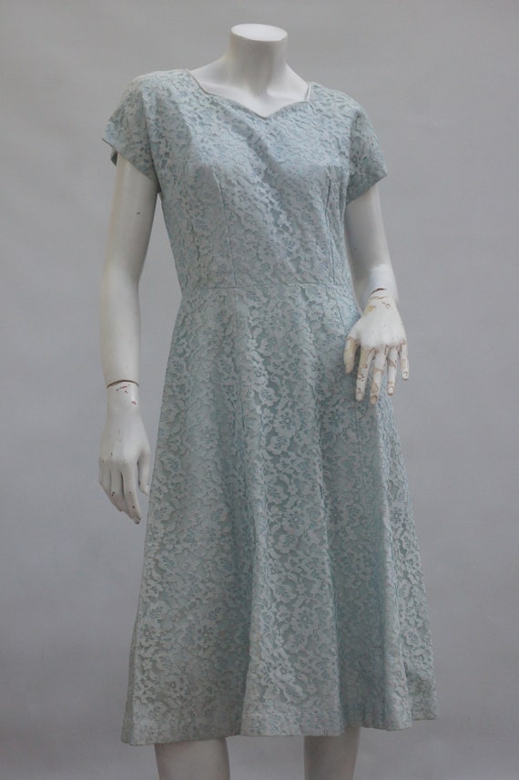 Vintage 50s Pale Blue Lace Midi Dress Mid Century… - image 2