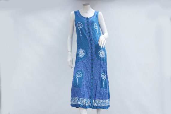 Vintage 90s Embroidered Batik Print Maxi Dress Bo… - image 1