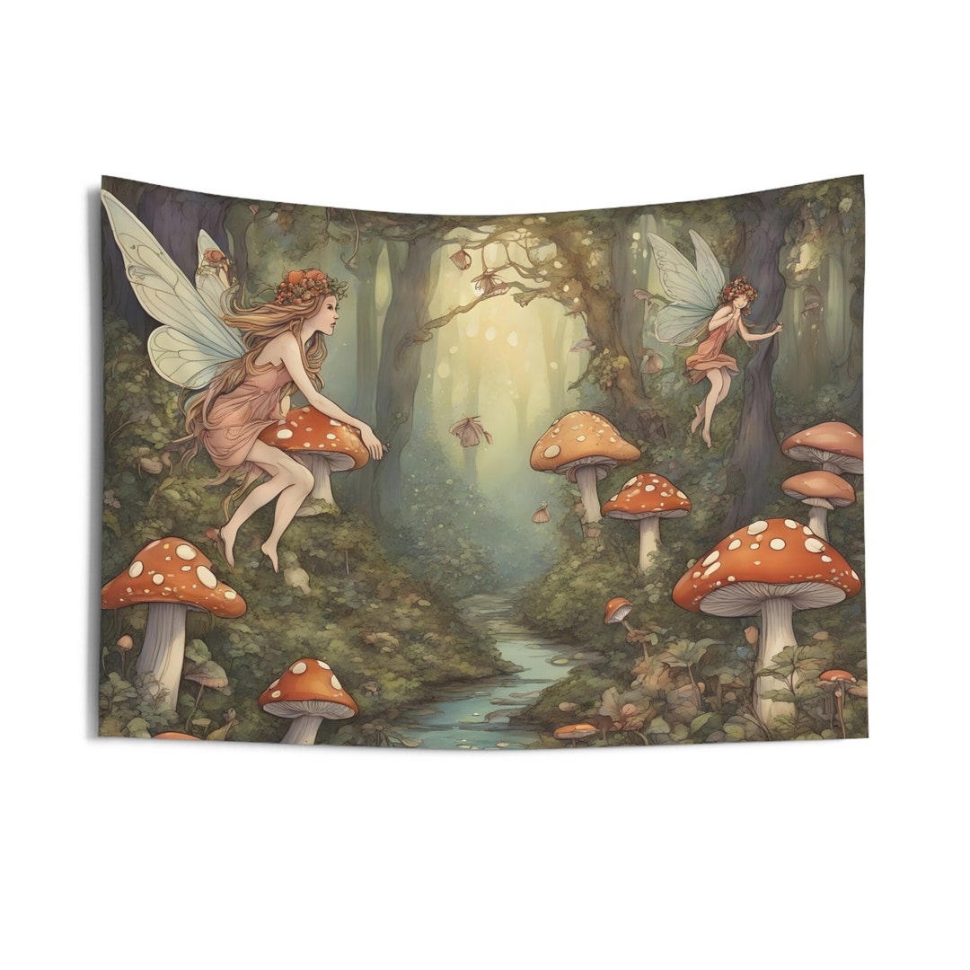 Fairies in the Enchanted Mushroom Forest Indoor Wall Tapestry Wall Art ...