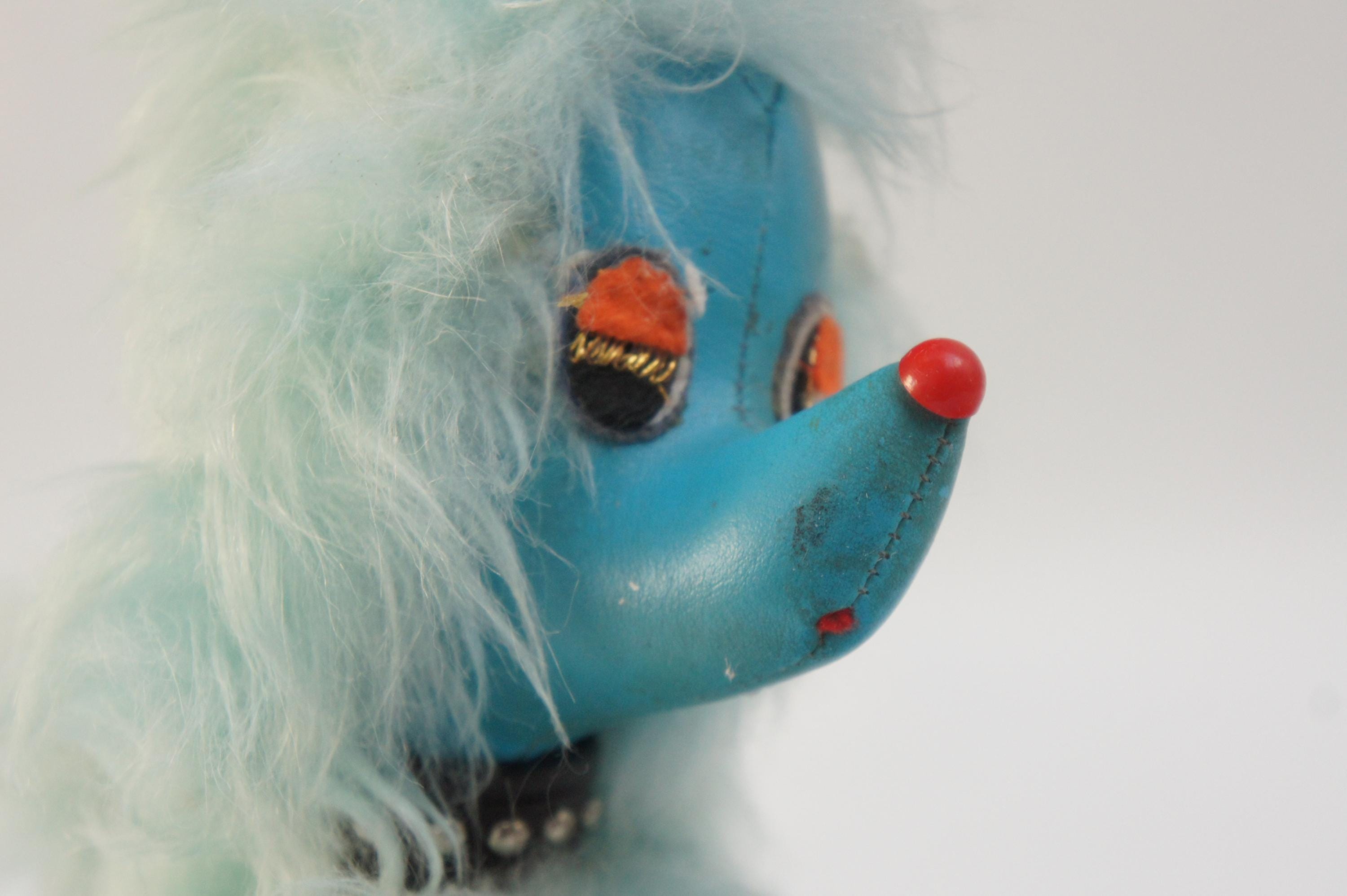 Vintage 60s Blue Faux Fur Poodle Stuffed Animal Retro Mid Century