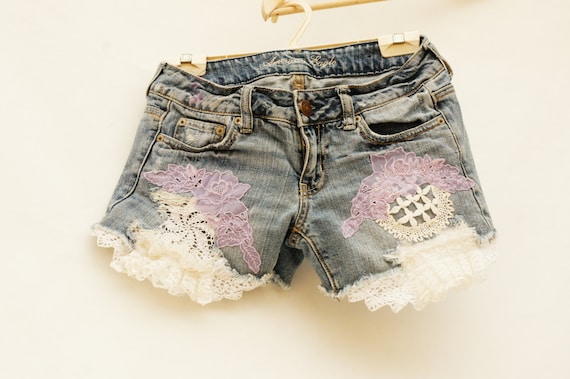 Handmade Reworked Lace Applique Denim Jean Shorts Boho Shabby Chic