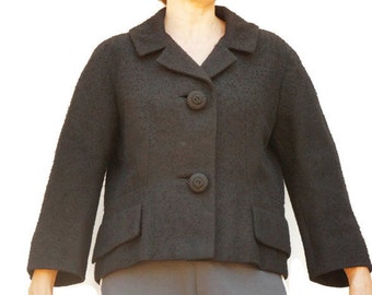 Vintage 50s Women's Fitted Short Black Blazer Jacket Retro Mid Century High Fashion