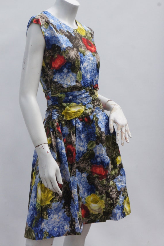 Vintage 50s-60s Bright Floral Print Midi Dress Mi… - image 7