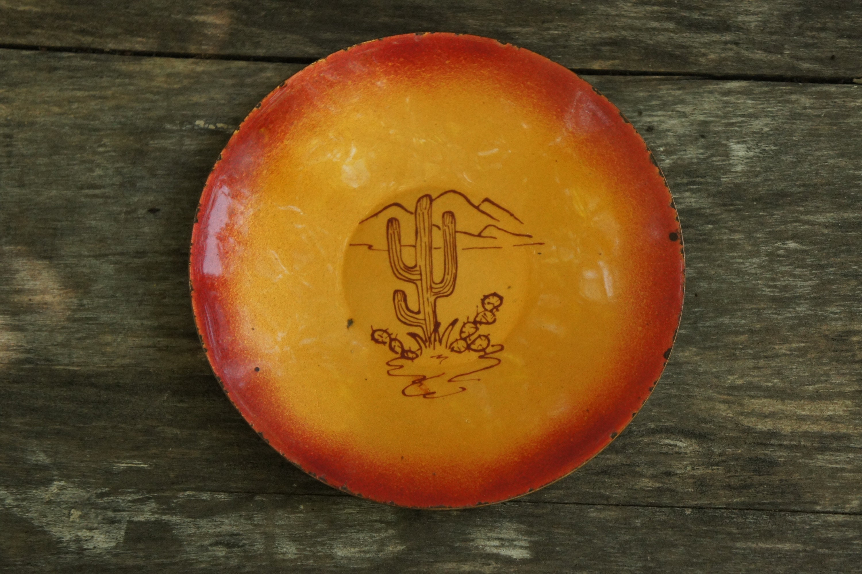 Vintage 50s-60s Small Signed Art Saguaro Cactus Print Enamel Dish Mid Century Modern Home Decor Gift