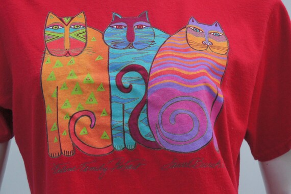 Vintage Laurel Burch Cat Print T shirt Top Felines Kitty Print Rainbow Colors Crazy Catlady Gift Etsy