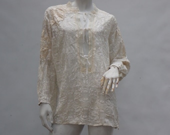 Reworked Up Cycled Vintage Creme White Lace Blouse Tunic Cottagecore Boho Shabby Chic Lagenlook