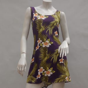 Vintage 90er Jahre Lila Tropical Blumen Print Hawaii Mini Kleid Größe S Boho Hippie Strand