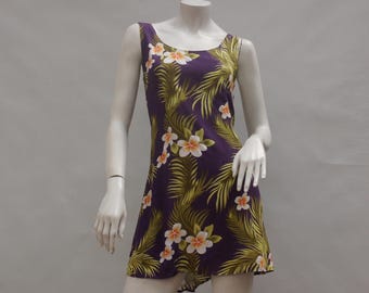 Vintage 90s Purple Tropical Floral Print Hawaii Mini Dress Size Small Boho Hippie Beach