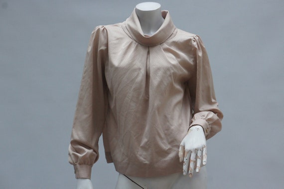 Vintage 80s High Funnel Collar Ruched Blouse High… - image 1