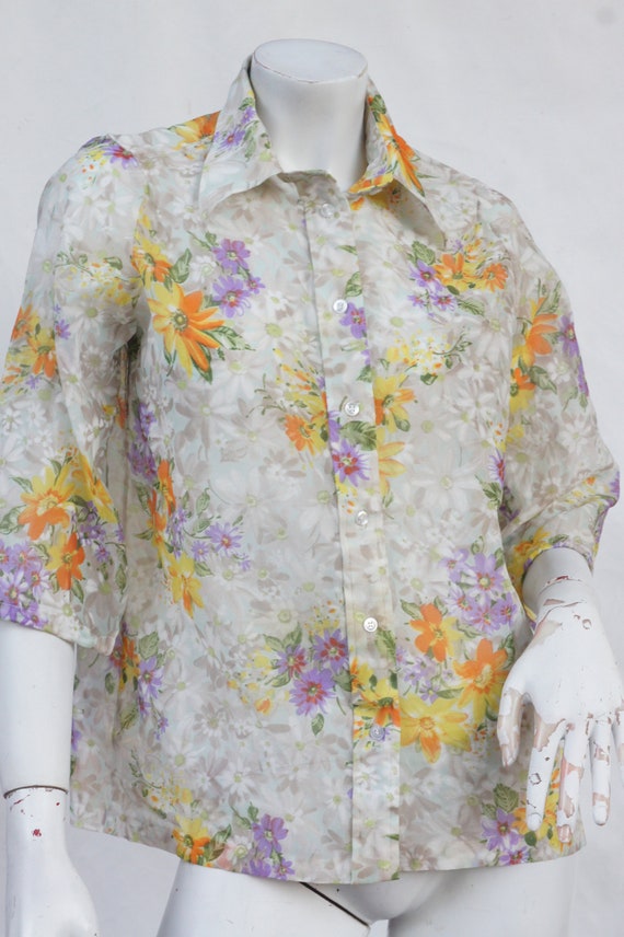 Vintage 70s Floral Sheer Blouse Button Down Shirt… - image 8