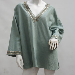 Carole Little Sage Green Linen Cotton Blend Tunic Top Blouse Plus Size 3X Boho Lagenlook image 1