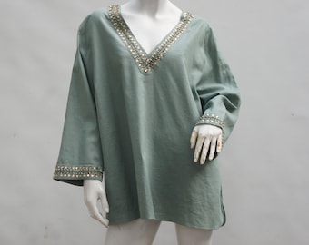 Carole Little Sage Green Linen Cotton Blend Tunic Top Blouse Plus Size 3X Boho Lagenlook