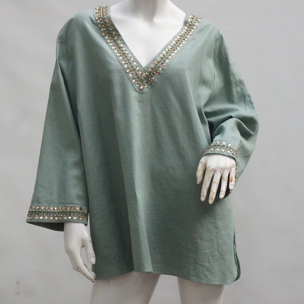 Carole Little Sage Green Linen Cotton Blend Tunic Top Blouse Plus Size 3X Boho Lagenlook