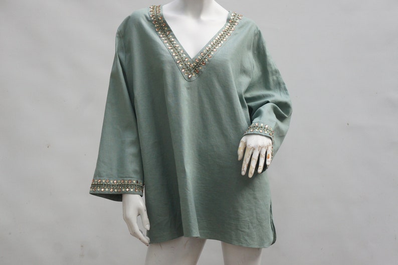 Carole Little Sage Green Linen Cotton Blend Tunic Top Blouse Plus Size 3X Boho Lagenlook image 1