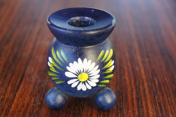 Vintage 70s Handpainted Swedish Wooden Candlestick Folk Art Scandinavian Boho Home Decor Gift