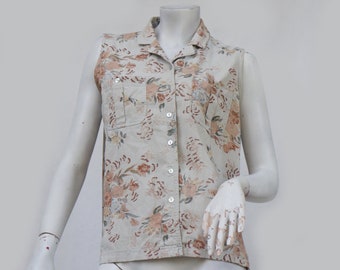 Vintage Floral Print Raw Silk Sleeveless Button DownTop Vest Blouse Shirt