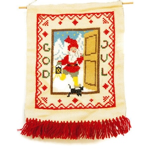 Vintage 60s-70s Swedish Embroidered Christmas Gnome & Cat Wall Hanging Tapestry Cottagecore Scandinavian Farmhouse Mid Century Gift