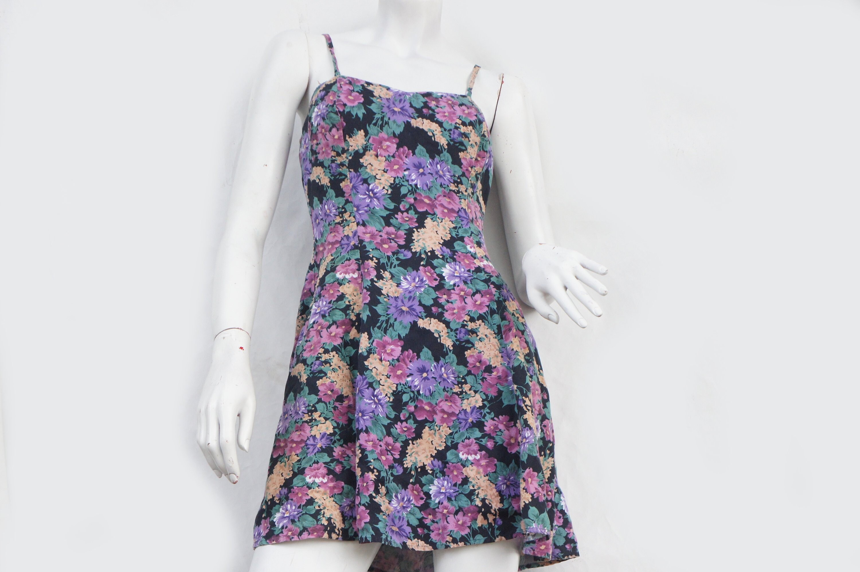 Vintage 90s Purple Floral Mini Dress /Skater Dress/ | Etsy