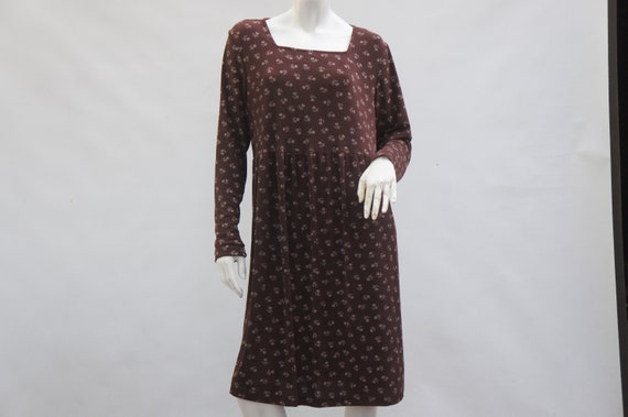 Vintage 90s Brown Floral Print Knit Dress Cottage… - image 1