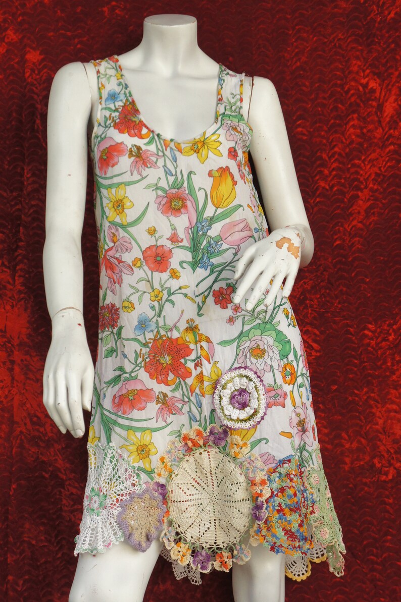Handmade OOAK Up Cycled Lace Doily Trim Floral Slip Dress Bohemian Cottagecore Chic/Hippie/Cottagecore image 2