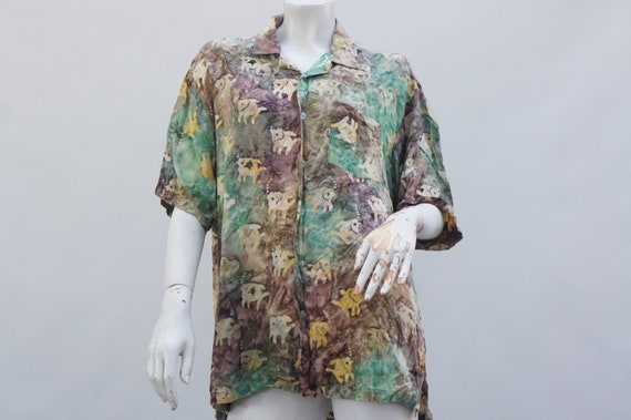 Vintage 90s Men's Fish Print Batik Tie Dye Shirt Hawaii Shirt Boho Hippie Beach