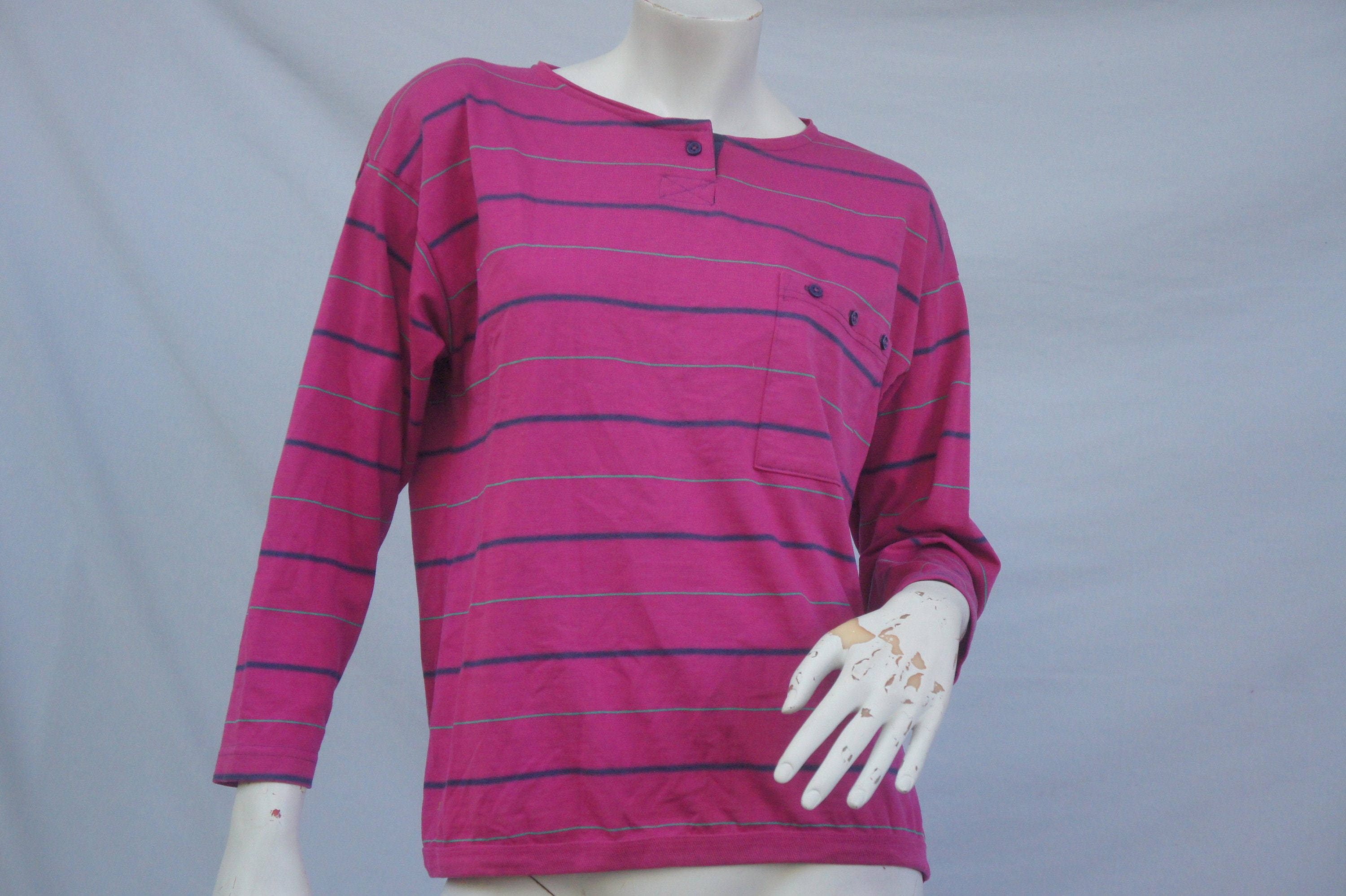 Vintage 90s Women\'s Hot Pink Striped Long Sleeve T-shirt Top/slouchy Shirt/henley  - Etsy