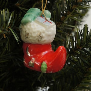 Vintage 50s Porcelain Boot Bell Christmas Ornament Retro Mid Century Collectible Cottagecore Figurine Gift Home Decor
