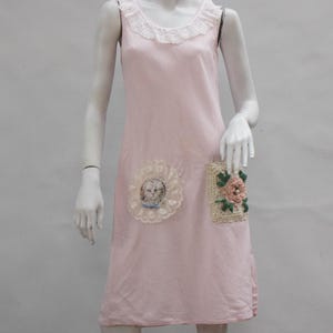 Handmade Up cycled Pink Linen Dress With Lace And Cat Applique Size Small Cottagecore Boho Shabby Chic OOAK