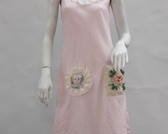 Up Cycled Reworked Lace And Cat Applique Pink Linen Dress  Size Small Cottagecore Boho Shabby Chic