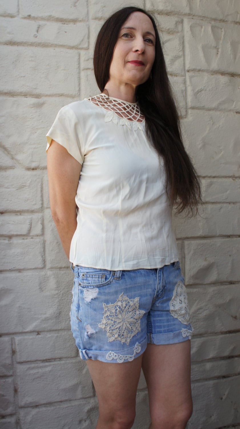 Handmade Reworked up Cycled Lace Trim Jean Shorts Denim Boho
