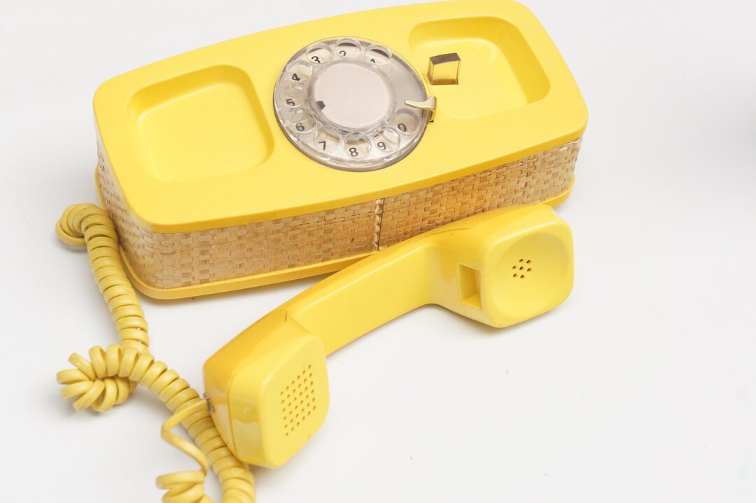 Vintage 60s Rectangular Yellow Rotary Phone With Basket Weave Sides Mid ...
