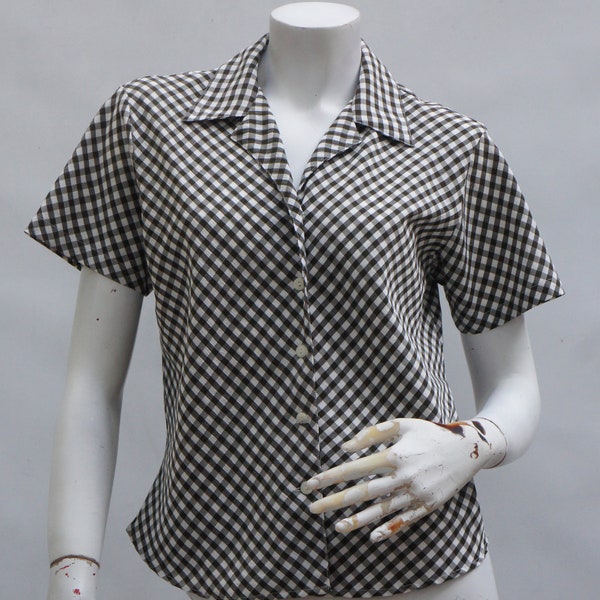 Black & white Gingham Blouse Top By White Stag Short Sleeve Button Down Shirt Cottagecore