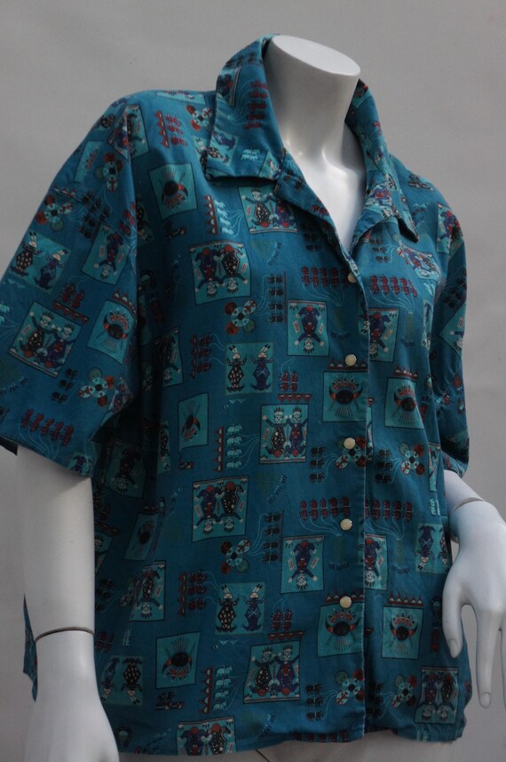Vintage 80s Kachina Print Blouse Button Down Shirt Si… - Gem