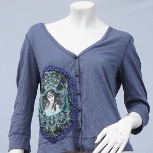 Handmade Up cycled Victorian Lady Applique Cotton T-shirt Cardigan Sweater Shabby Chic Cottagecore