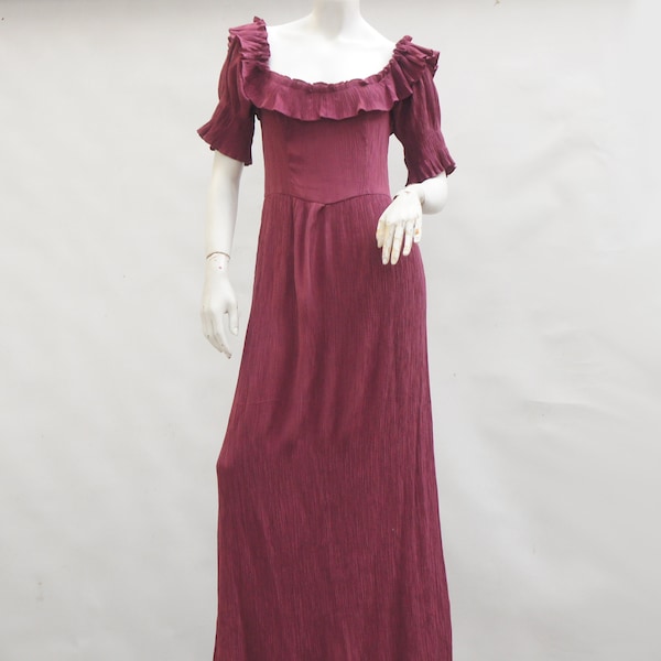 Vintage Y2k Burgundy Crinkle Maxi Dress Off-The-Shoulder Dress Prairie Cottagecore Boho