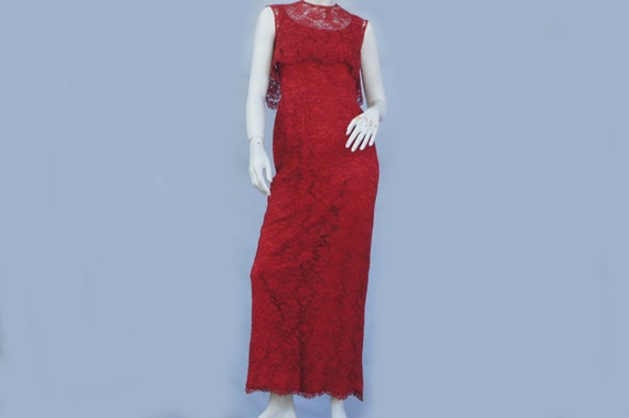 Vintage 50s Red Lace Maxi Dress Gown Retro Mid Ce… - image 1